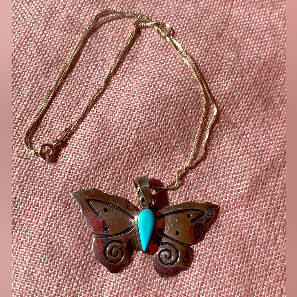 Handmade Native American Turquoise Butterfly Pendant On Sterling Silver Chain